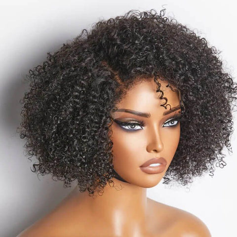 4C Edges Kinky Curly Short Bob Wigs With Side Part Glueless Human Hair Wigs