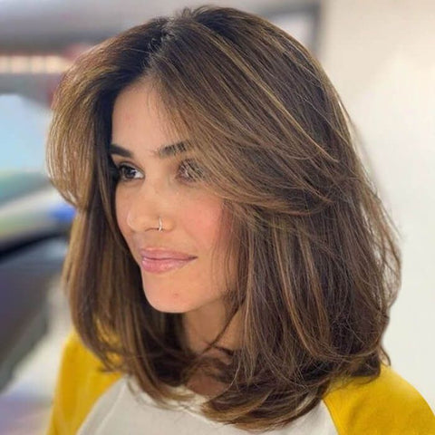 Brown Highlight Short Bob Wigs With Curtain Bangs Lace Front Human Hair Wigs