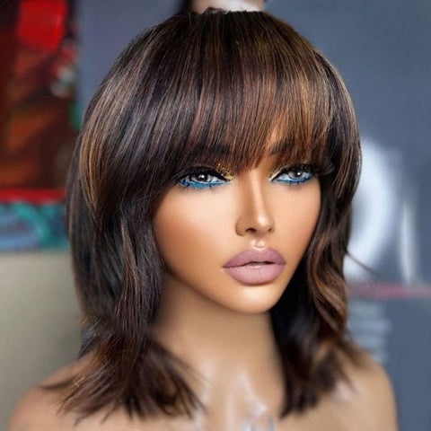 Large Cap Wigs Straight Highlights Bob Wigs With Bangs Lace Front Human Hair Wigs