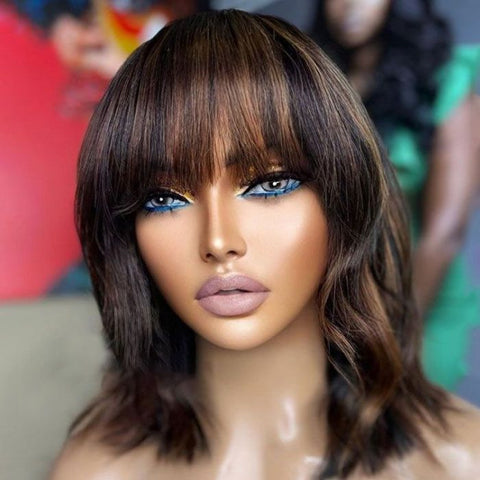 Large Cap Wigs Straight Highlights Bob Wigs With Bangs Lace Front Human Hair Wigs
