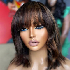 Large Cap Wigs Straight Highlights Bob Wigs With Bangs Lace Front Human Hair Wigs
