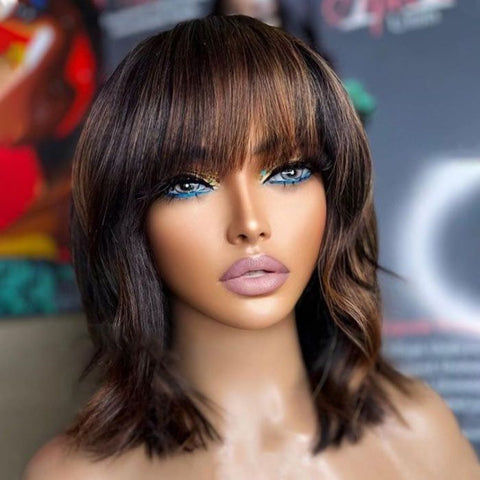 Large Cap Wigs Straight Highlights Bob Wigs With Bangs Lace Front Human Hair Wigs
