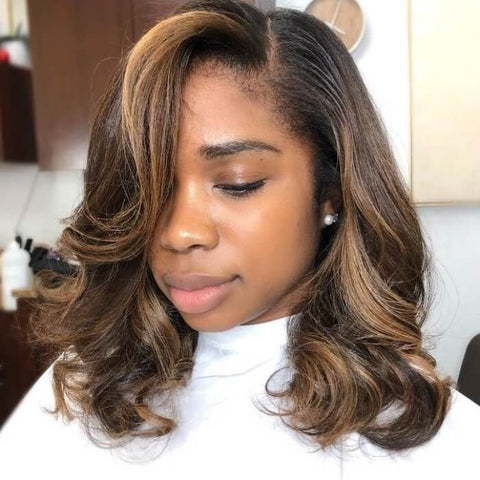Golden Blonde Highlight Side Part Wigs with Bangs Lace Front Glueless Human Hair Wigs