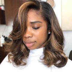 Golden Blonde Highlight Side Part Wigs with Bangs Lace Front Glueless Human Hair Wigs