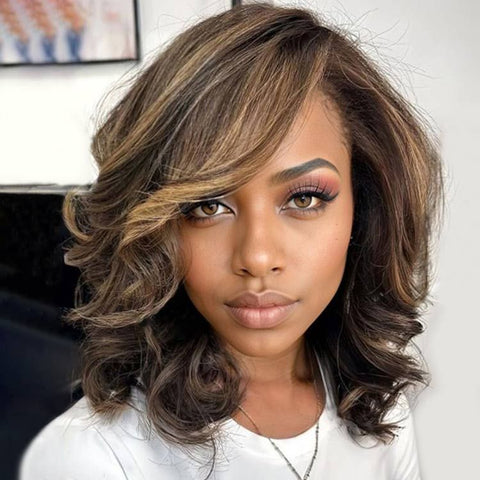 Golden Blonde Highlight Side Part Wigs with Bangs Lace Front Glueless Human Hair Wigs