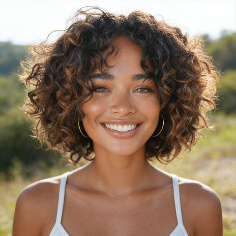Short Curly Bob Wig Layered Cut Highlights Lace Front Human Hair Wigs