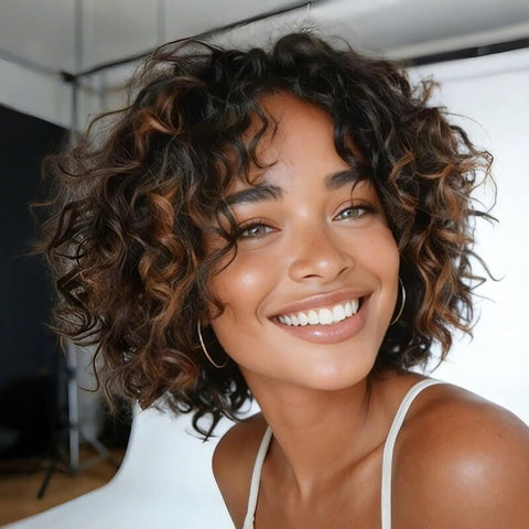Short Curly Bob Wig Layered Cut Highlights Lace Front Human Hair Wigs