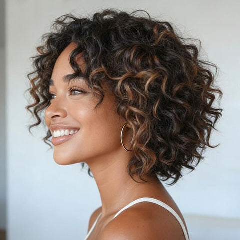 Short Curly Bob Wig Layered Cut Highlights Lace Front Human Hair Wigs