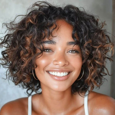 Short Curly Bob Wig Layered Cut Highlights Lace Front Human Hair Wigs