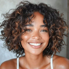 Short Curly Bob Wig Layered Cut Highlights Lace Front Human Hair Wigs