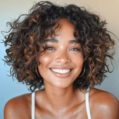 Short Curly Bob Wig Layered Cut Highlights Lace Front Human Hair Wigs
