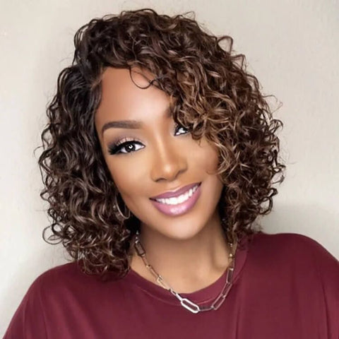 Highlights Loose Curly Closure Lace Short Bob Wig Glueless Human Hair Wigs