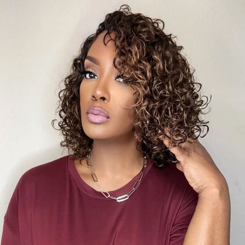 Highlights Loose Curly Closure Lace Short Bob Wig Glueless Human Hair Wigs