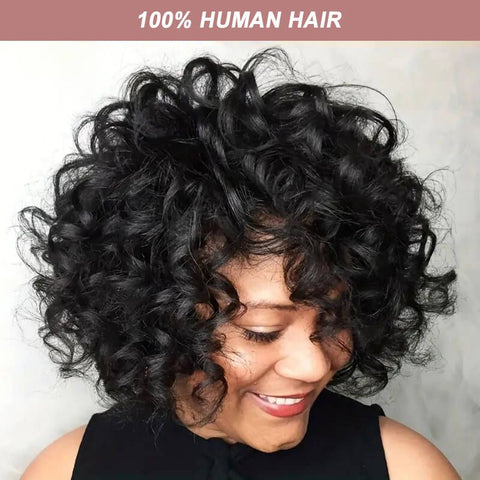 Glueless Short Curly Bob Wigs with Side Part Lace Front Human Hair Wigs