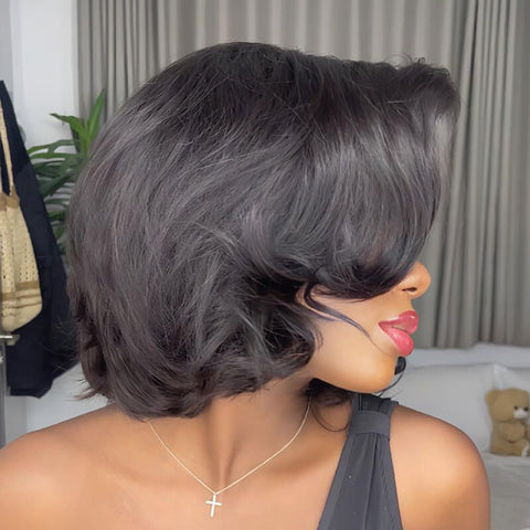 Layered Short Wavy Bob Wigs with Side Part Lace Front Human Hair Wigs