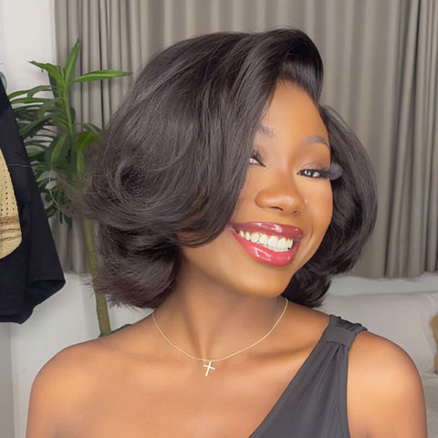 Layered Short Wavy Bob Wigs with Side Part Lace Front Human Hair Wigs