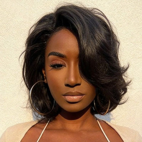 Layered Short Wavy Bob Wigs with Side Part Lace Front Human Hair Wigs