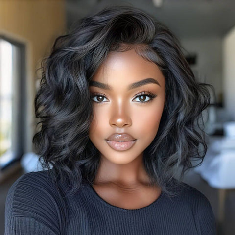 Layered Cut Wavy Bob Wigs With Side Part Lace Front Glueless Human Hair Wigs