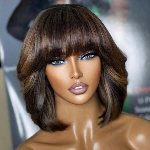 Brown Highlight Bob Wigs With Bangs Lace Front Human Hair Wig
