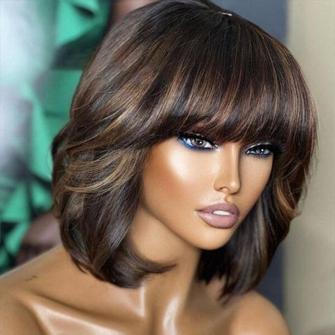Brown Highlight Bob Wigs With Bangs Lace Front Human Hair Wig