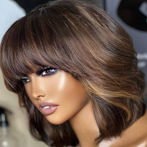 Brown Highlight Bob Wigs With Bangs Lace Front Human Hair Wig