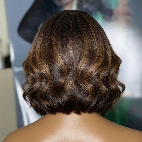 Brown Highlight Bob Wigs With Bangs Lace Front Human Hair Wig