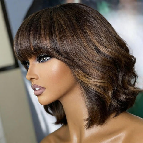 Brown Highlight Bob Wigs With Bangs Lace Front Human Hair Wig