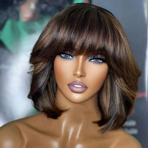 Brown Highlight Bob Wigs With Bangs Lace Front Human Hair Wig