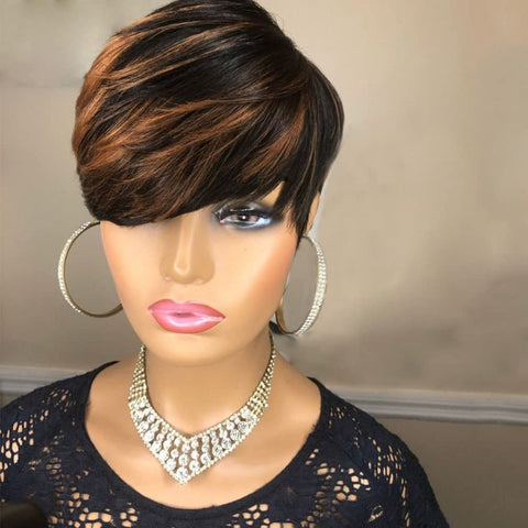 Pixie Cut Wig Brown Highlight Layered Bob Wigs With Bangs Lace Front Human Hair Wigs