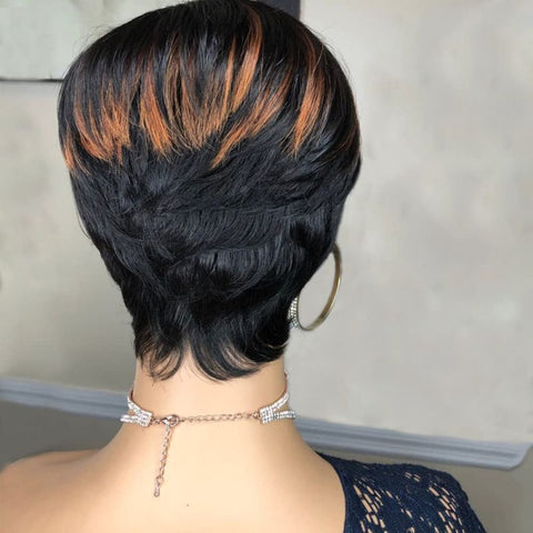 Pixie Cut Wig Brown Highlight Layered Bob Wigs With Bangs Lace Front Human Hair Wigs