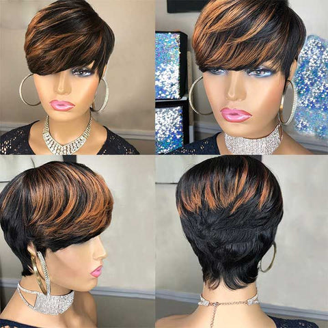 Pixie Cut Wig Brown Highlight Layered Bob Wigs With Bangs Lace Front Human Hair Wigs