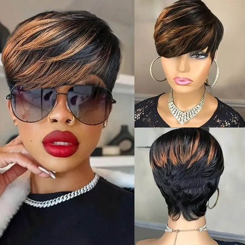 Pixie Cut Wig Brown Highlight Layered Bob Wigs With Bangs Lace Front Human Hair Wigs