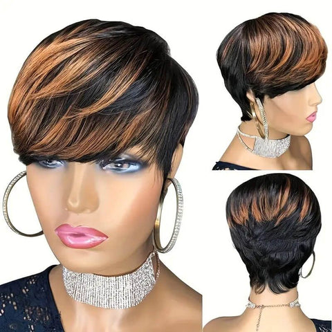Pixie Cut Wig Brown Highlight Layered Bob Wigs With Bangs Lace Front Human Hair Wigs