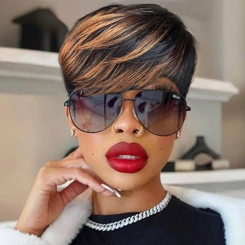 Pixie Cut Wig Brown Highlight Layered Bob Wigs With Bangs Lace Front Human Hair Wigs