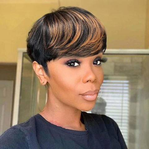 Pixie Cut Wig Brown Highlight Layered Bob Wigs With Bangs Lace Front Human Hair Wigs