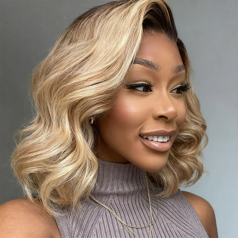 Ombre Blonde Highlight Wave Short Bob Wigs Lace Front Human Hair Wigs
