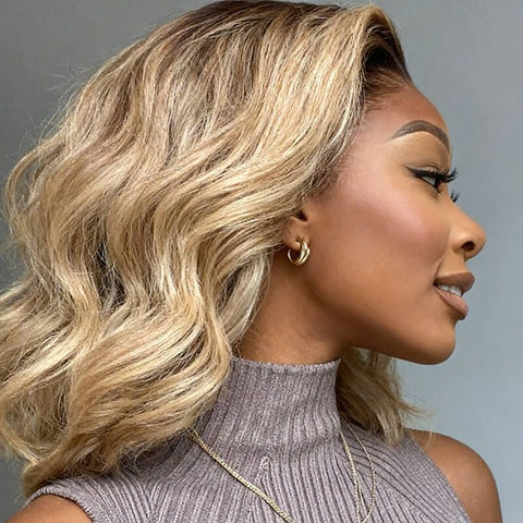 Ombre Blonde Highlight Wave Short Bob Wigs Lace Front Human Hair Wigs