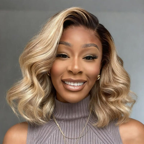 Ombre Blonde Highlight Wave Short Bob Wigs Lace Front Human Hair Wigs