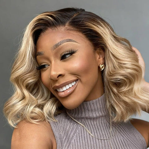 Ombre Blonde Highlight Wave Short Bob Wigs Lace Front Human Hair Wigs
