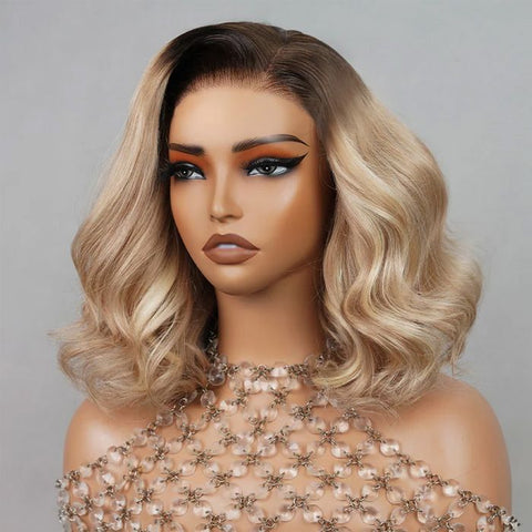 Ombre Blonde Highlight Wave Short Bob Wigs Lace Front Human Hair Wigs