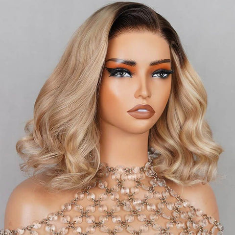 Ombre Blonde Highlight Wave Short Bob Wigs Lace Front Human Hair Wigs
