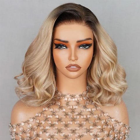 Ombre Blonde Highlight Wave Short Bob Wigs Lace Front Human Hair Wigs
