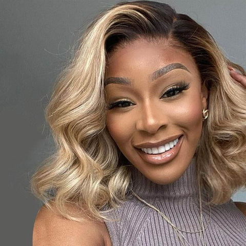 Ombre Blonde Highlight Wave Short Bob Wigs Lace Front Human Hair Wigs