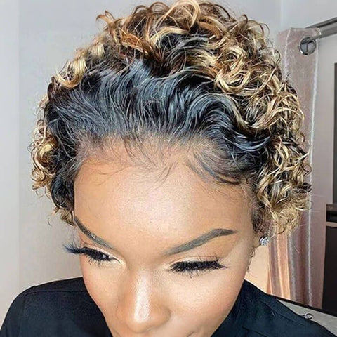Ombre Honey Blonde Pixie Cut Curly Bob Wig Human Hair Wigs