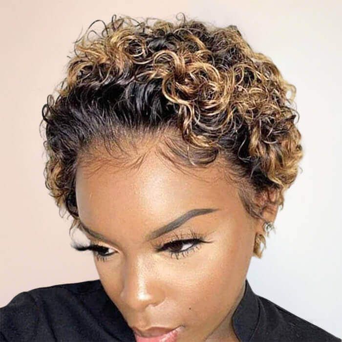 Ombre Honey Blonde Pixie Cut Curly Bob Wig Human Hair Wigs