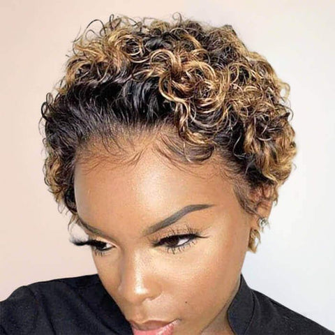 Ombre Honey Blonde Pixie Cut Curly Bob Wig Human Hair Wigs