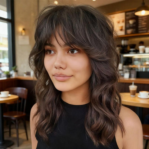 Glueless Bob Wigs Brown Shag Haircut Layers Wigs With Bangs Lace Front Human Hair Wigs