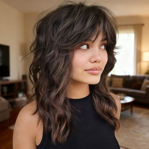 Glueless Bob Wigs Brown Shag Haircut Layers Wigs With Bangs Lace Front Human Hair Wigs