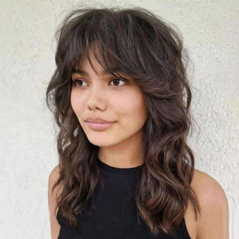 Glueless Bob Wigs Brown Shag Haircut Layers Wigs With Bangs Lace Front Human Hair Wigs