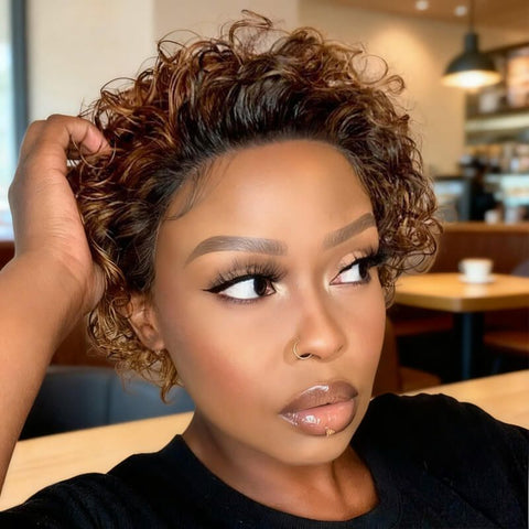 Wear and Go Wigs Short Pixie Cut Curly Wigs Ombre Pre Cut Lace Human Hair Wigs